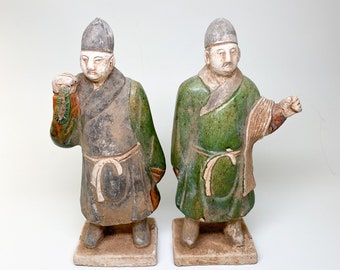 B3113 - Pair of Tang Sancai Vintage Replica of Tang Dynasty (618-907 AD) Ceramic Servants - Ceremonial, Ceremony, Alter, History, Antique