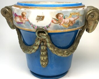 B2101 - Antique Hand Painted Ceramic Pot with Cherubs and Brass Rams Detailed Handles - Victorian, European, Handmade