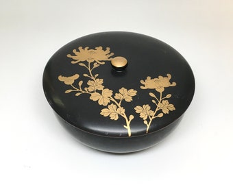 B4101 - Black and Gold Chrysanthemum Flower Japanese Lacquer Wood Bowl with Lid - Handmade, Hand Painted, Made in Japan