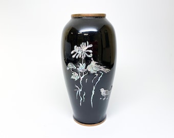 B3107 - Early 20th Cent. Japanese Black Enamel Vase with Mother of Pearl and Brass Metal Depicting Birds and Chrysanthemum Flowers