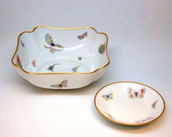 B3102 - Discontinued Limoges France Fine China Butterfly Pattern - Square Candy Bowl and Small Saucer Set