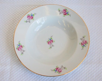 B5103 - Set of Four Discontinued Graf Von Henneberg German Rim Soup Bowl with Pink Roses and Gold Trim - Chinaware, Dishware