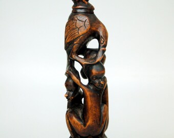 B3109 - Hand Carved African Wooden Figurine with Children and Bird - Statue, Desk Art, Cultural, Historical, Renaissance, Africana