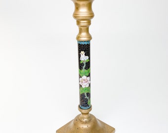 B3105 - Late 20th Cent. Black Cloisonné Brass Taper Candle Stand with Rose Pattern - Enamel, Chinese, French, Asian Art, Gold, Floral