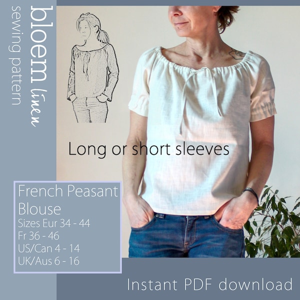 Schnittmuster für eine französische Bauernbluse, Instant PDF Download