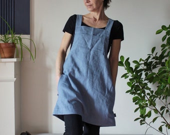 Linen Overall Dress, Short Pinafore Dungaree, Above Knee Length, Women's Casual Dress, Gift for her