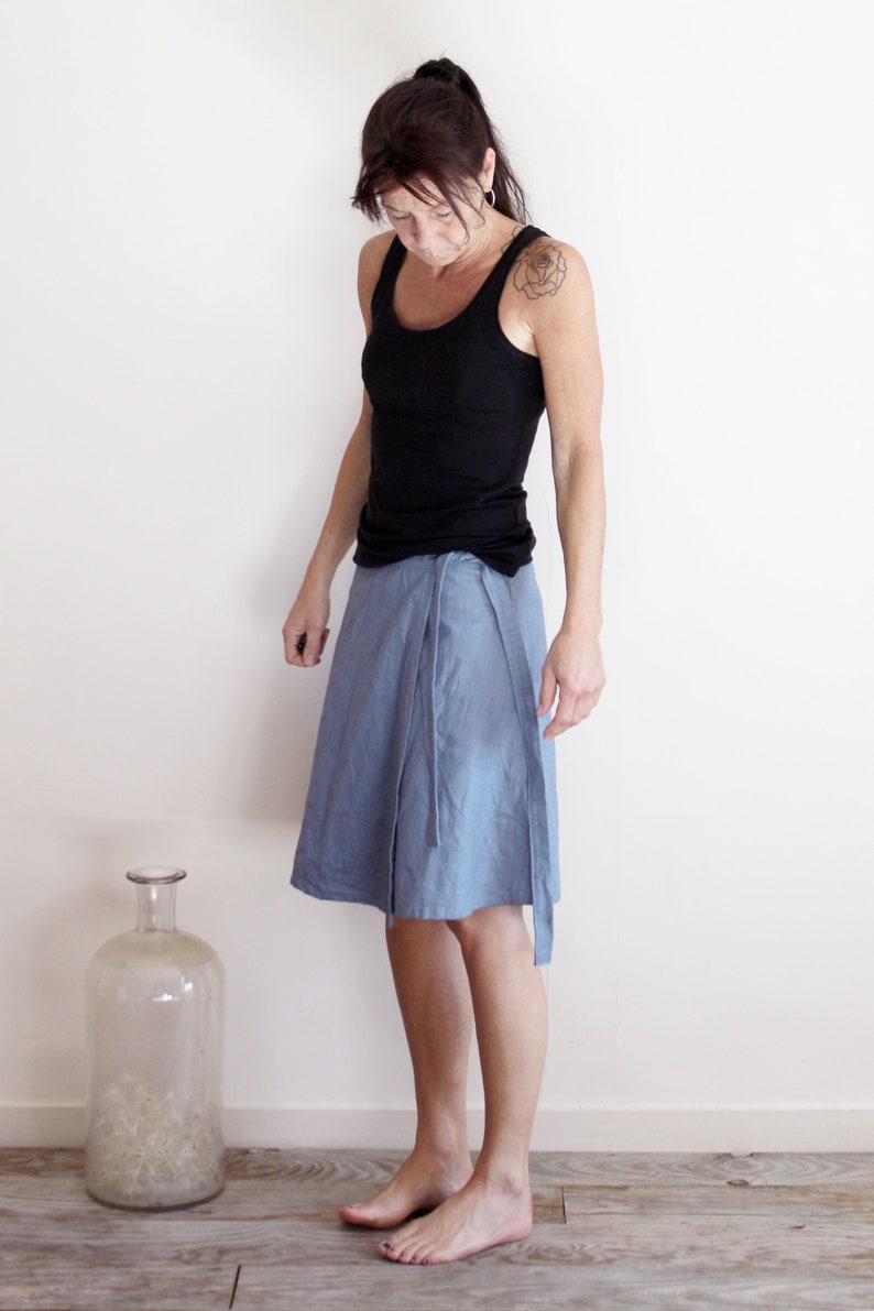 Linen Wrap Skirt Knee Length Midi, Natural Linen Wrap, Summer Skirt, Casual Wrap, Eco-Friendly Fashion image 5