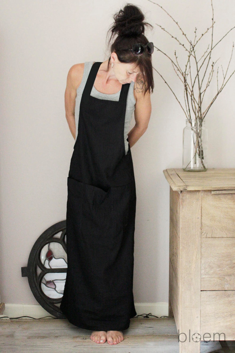 Long linen pinafore dress