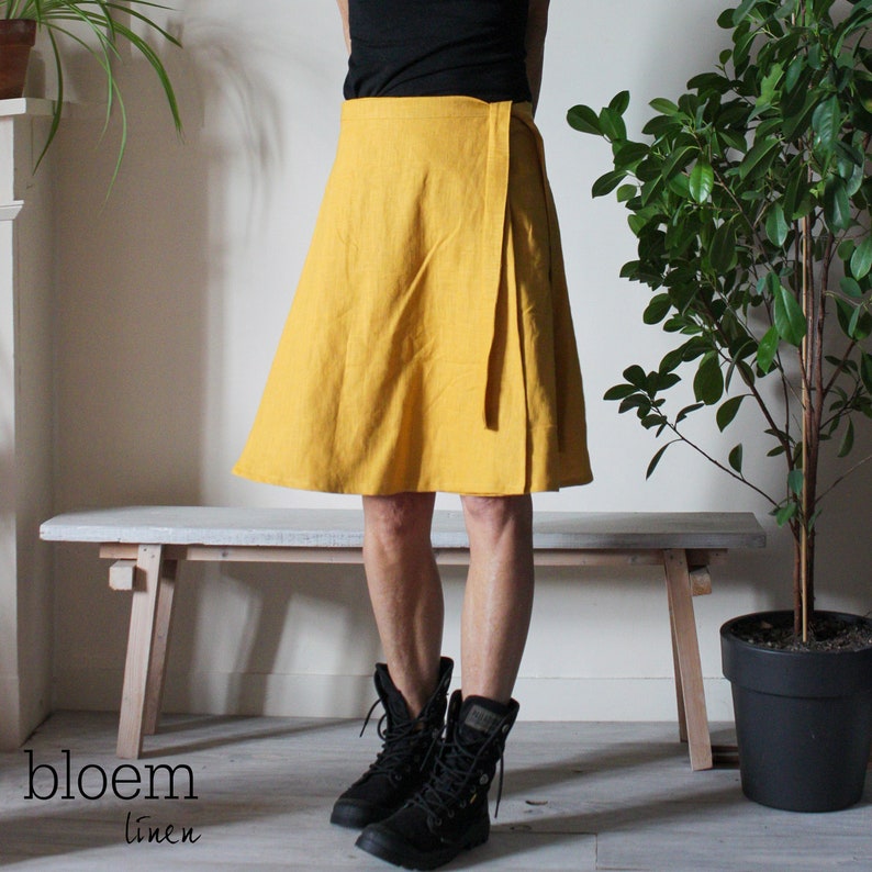 Falda envolvente de lino hasta la rodilla Midi, envoltura de lino natural, falda de verano, envoltura casual, moda ecológica Saffron