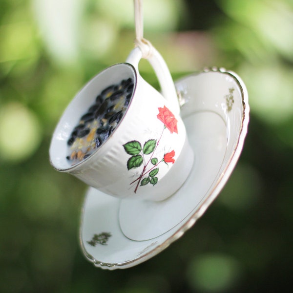 Bird Feeder: Hanging Teacup filled with Birdseed, Autumn Garden Decor