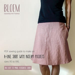 May include: A PDF sewing pattern for an A-line skirt with inseam pockets. The pattern includes sizes XS to XXL. The skirt is shown in a light pink color.