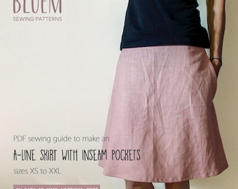 Sewing Pattern A-line Skirt with Inseam Pockets: Instant PDF Download A4/US letter/A0