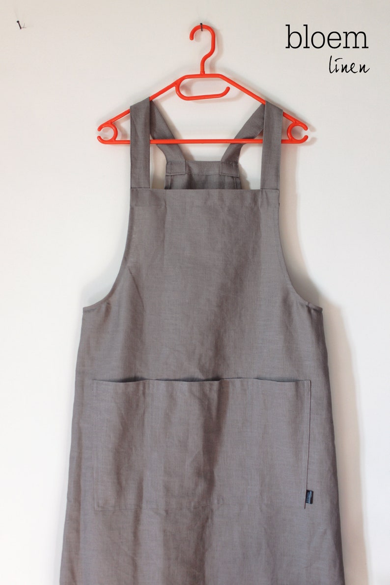 Dungaree dress in Stone coloured linen.