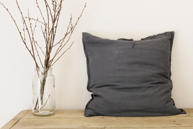 Funda de almohada de ropa de cama cuadrada, 65 x 65 cm / 25,5 x 25,5 pulgadas, Funda de almohada de lino prelavada Blue grey