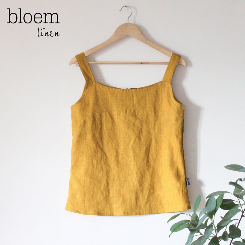 Women's Linen Summer Top in Saffron Yellow.