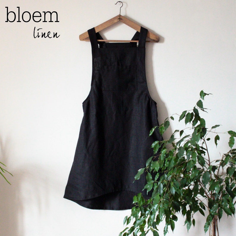 Short Linen Dress, Above Knee Asymmetrical Overall Dress, Dungaree Style, Women's Pinafore, Cute Gift Black