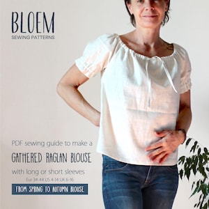 Sewing Pattern for a gathered Raglan Blouse, Instant PDF Download, Women&#39;s Peasants Top