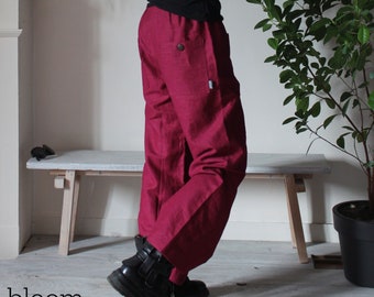 Linen Drawstring Pants, Ready to ship US size 6 in Bordeaux, Casual Women's Trousers, Loose Fit