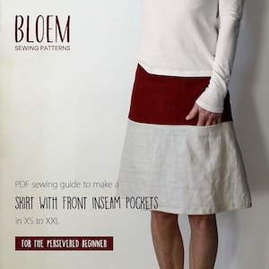 May include: A skirt with front inseam pockets in XS to XXL is shown. The skirt is made of three sections: a dark red band at the top, a white section in the middle, and a white section at the bottom. The text "BLOEM SEWING PATTERNS" is at the top.