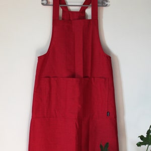 Long red linen dress.