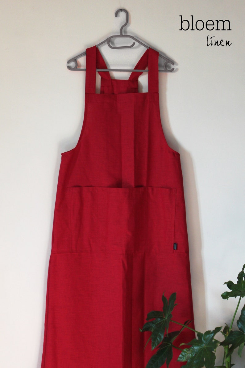 Long red linen dress.