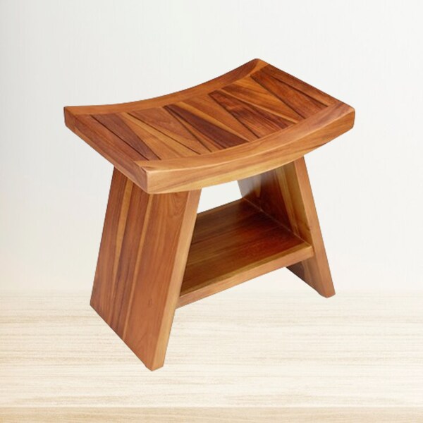 Teak Shower Stool Bench with Shelf for Bath & Spa - 18” Fully Assembled