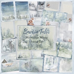 Kit Watercolor Winter Journal, kit para impressão, álbum de recortes de férias de Natal, planos de fundo, papéis, etiquetas, cartões de registro no diário, download digital