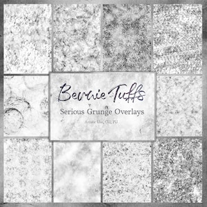 Puede incluir: Nueve superposiciones de textura grunge en blanco y negro para diseño digital. Las texturas son granulosas y desgastadas, con una variedad de patrones. El texto "Bervie Tuffs Serious Grunge Overlays Artistic Use, CU, PU" está en el centro de la imagen.