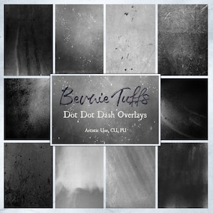 Peut inclure: Un ensemble de neuf superpositions numériques en noir et blanc avec une texture granuleuse. Les superpositions sont étiquetées "Bernie Tuffs Dot Dot Dash Overlays Artistic Use, CUI, PU".