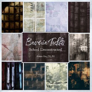 May include: A collage of nine digital paper textures in various shades of brown, gray, and blue. The textures include a grid pattern, a lined paper pattern, a book cover pattern, and a vintage paper pattern. The text "Bernie Tuffs School Deconstructed Artistic Use, CU, PU" is written in white on a dark brown background.