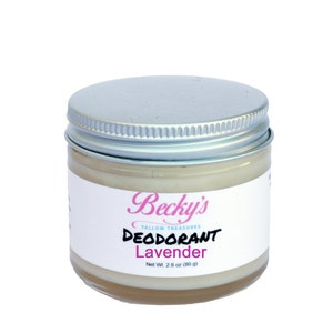 May include: A small glass jar of Becky's Tallow Treasures deodorant with a silver lid. The label reads "Deodorant Lavender" with the net weight of 2.8 oz (80 g). The jar contains a light-colored, creamy substance.