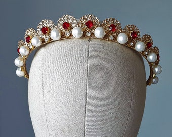 Wedding pearl tiara Red crystal bridal crown Bridal tiara gold Wedding pearl crown Kokoshnik Bridal pearl diadem Large pearl crown princess