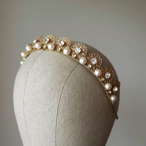 Wedding pearl tiara Double bridal crown Bridal tiara gold Wedding double crown gold Kokoshnik Bridal pearl diadem Large pearl crown princess