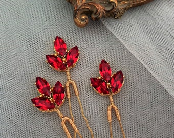 Red Crystal Bridal Hair Pins, Set of 3