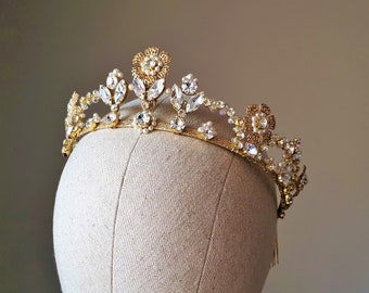 Bridal crown gold flower wedding tiara Crystal wedding crown Bridal crystal crown Bridal tiara gold wedding crystal tiara Wedding hair dress