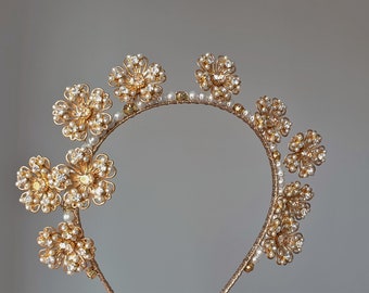 Bridal flower tiara Wedding pearl crown champagne Bridal crown Wedding pearl tiara Gold flower crown  Bridal crystal crown Gold tiara