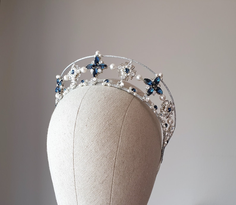 Bridal Kokoshnik Wedding Pearl Crown Tiara With Blue Crystals Etsy