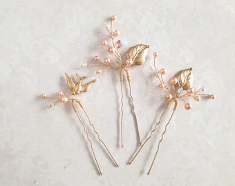 Horquillas de novia color melocotón, juego de 3 Horquillas de hojas doradas Horquillas de pájaros Tocado de perlas Horquillas de cristal Horquillas de boda con perlas color melocotón