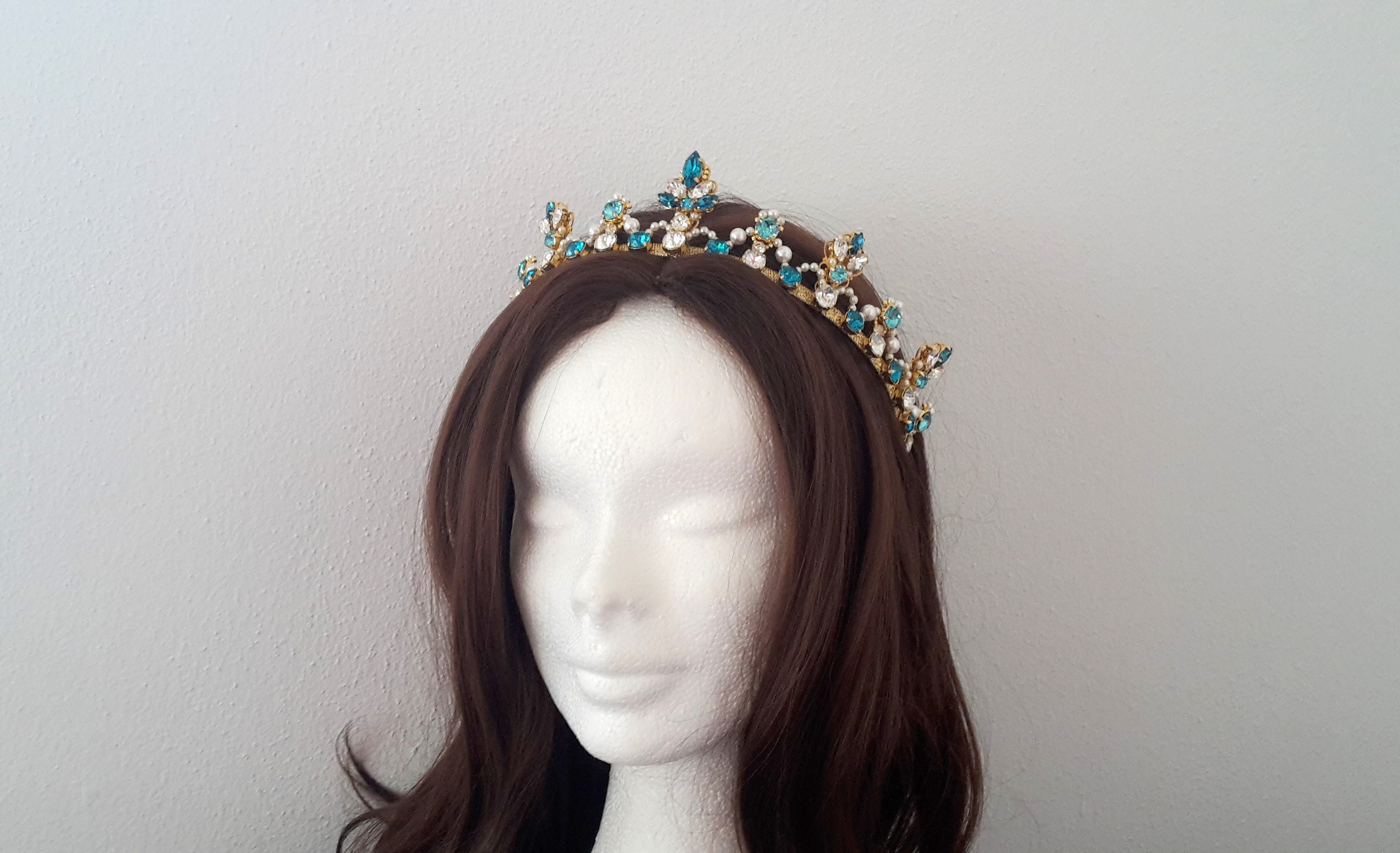 Turquoise Bridal Crown, Gold Tiara, Crystal Pearl Headpiece  display picture 2