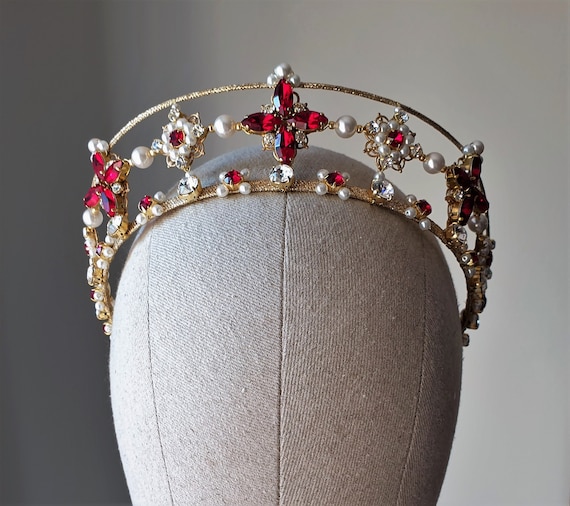 Red Crystal Bridal Tiara, Gold Wedding Pearl Crown Kokoshnik  display picture 1