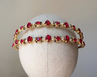 Bridal tiara red Crystal headband Bridal crown Wedding gold tiara Red Crystal crown Gold headband Red bridal crown Red Crystal headband