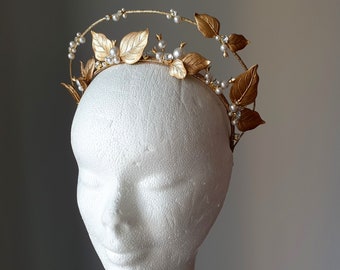 Bridal crown gold leaf Wedding pearl crown Bridal tiara Gold leaf elf crown Wedding tiara Double crown gold Gold tiara Bridal crystal crown