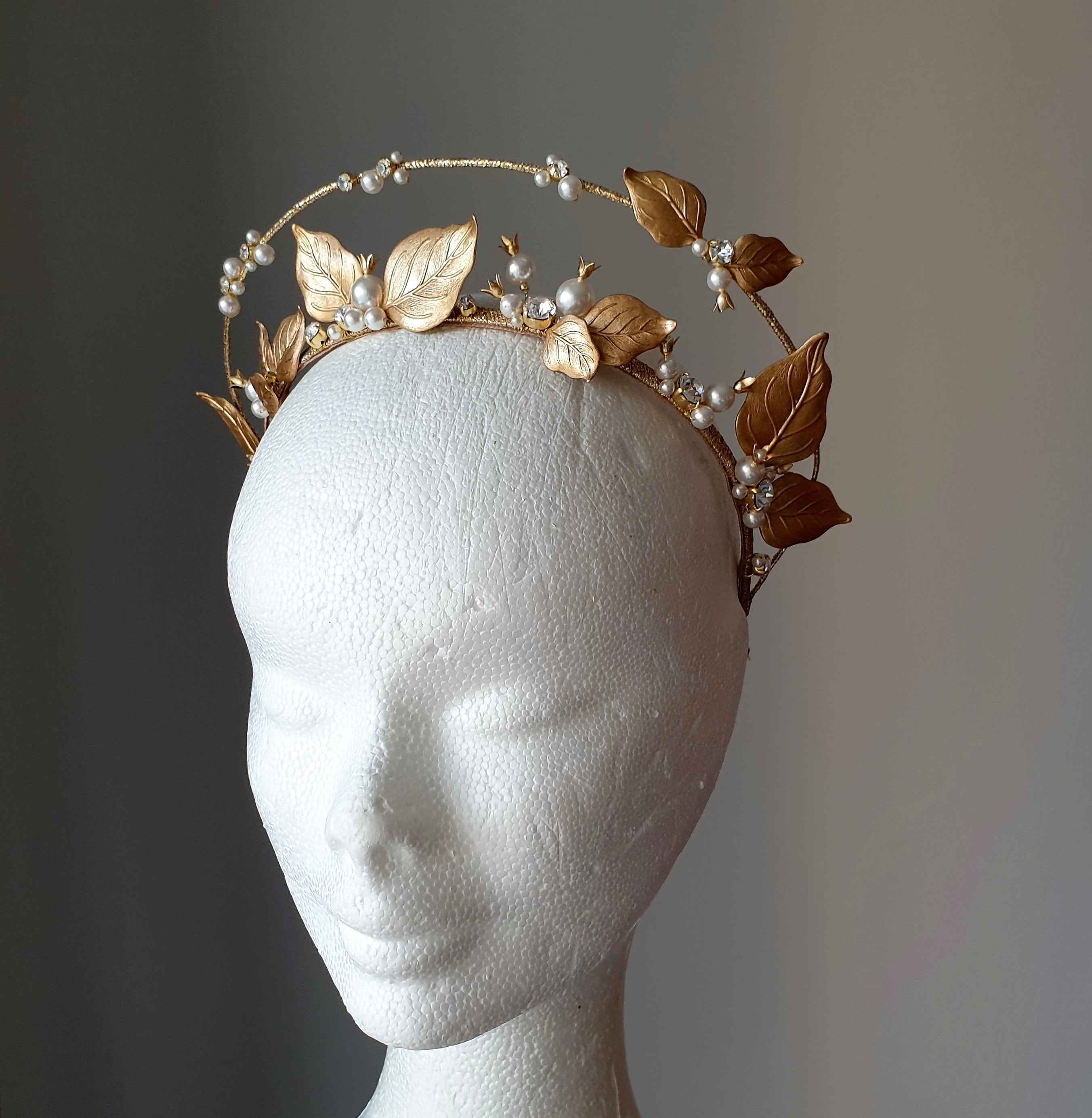 Bridal crown gold leaf Wedding pearl crown Bridal tiara Gold leaf elf crown Wedding tiara Double crown gold Gold tiara Bridal crystal crown
