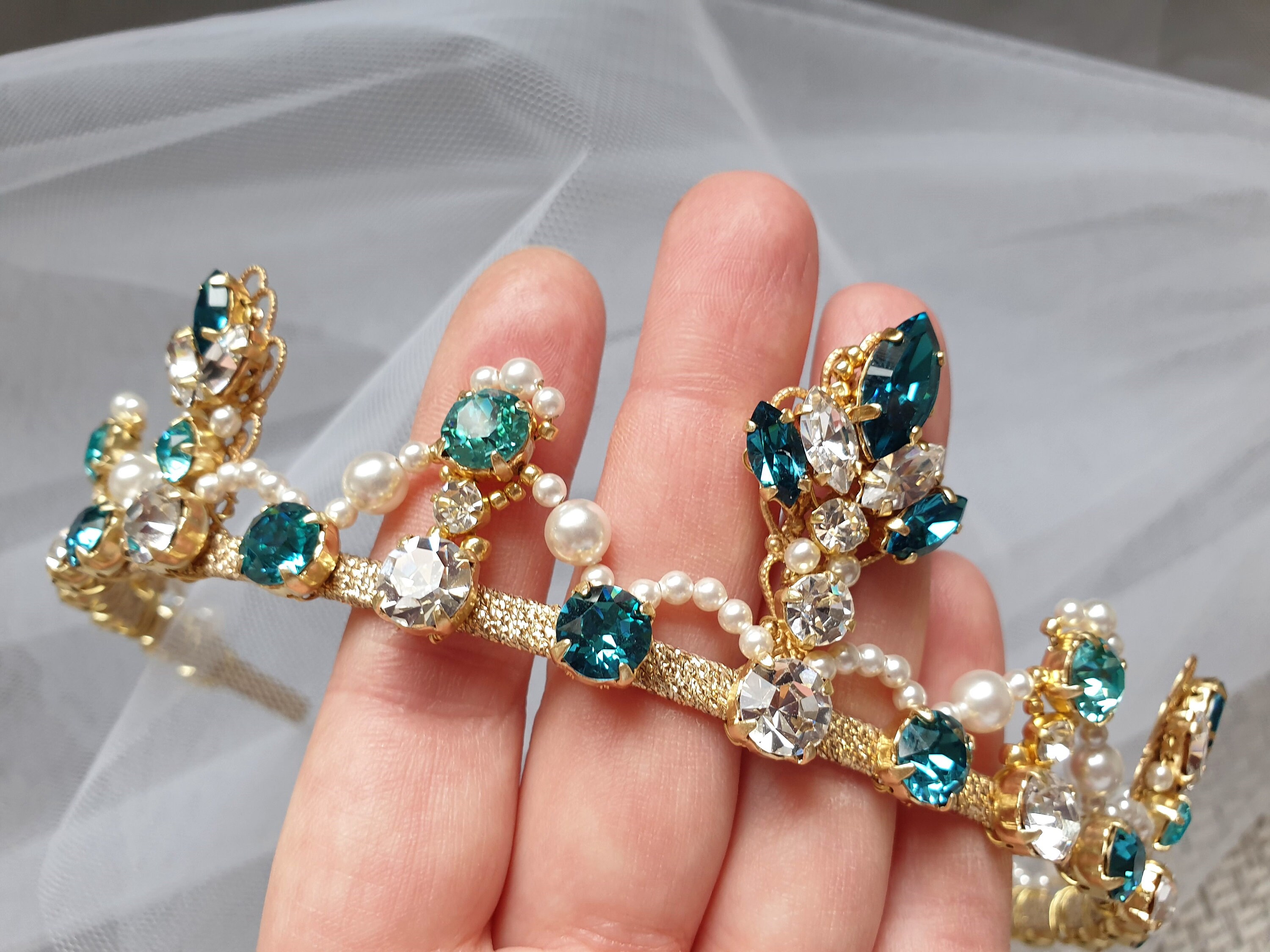 Turquoise Bridal Crown, Gold Tiara, Crystal Pearl Headpiece 