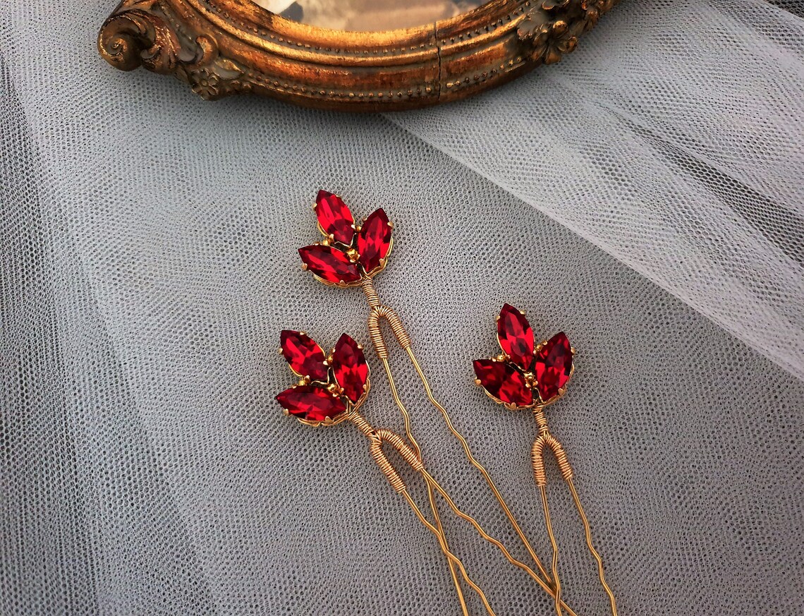 Red сrystal hair pins Bridal hair pins red Wedding headpiece Etsy