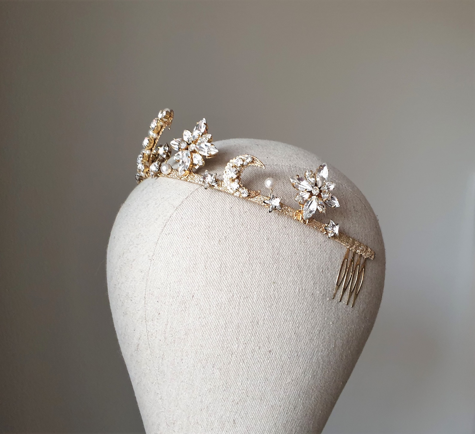 Crystal silver celestial sun, moon and star tiara crown head wear