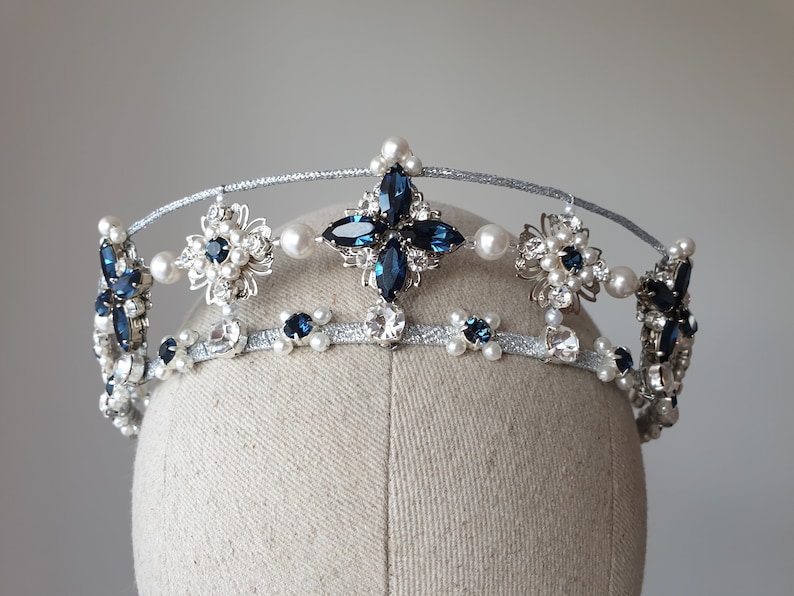 Bridal Kokoshnik Wedding Pearl Crown Tiara With Blue Crystals Etsy