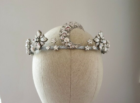 Rhinestone Star & Crescent Tiara Headband - Silver Star White Quartz Crescent Moon Headband - Natural Stone  main image 4