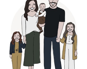 Illustrated Family Portrait, Cartooning, Family Portrait Illustration, Hand Illustrated Gift