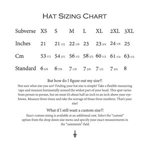 May include: Hat sizing chart with measurements in inches and centimeters, and standard sizes. The chart includes sizes XS to 3XL. The chart also includes instructions on how to measure your head for the correct hat size.